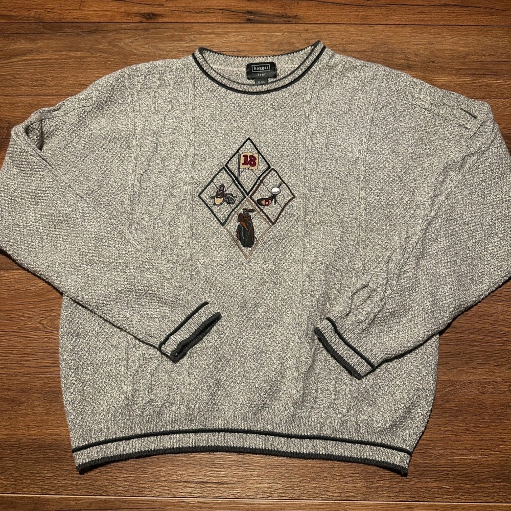 Vintage Haggar Grey Golf Embroidered Cable Knit Sweater‎ Mens XL